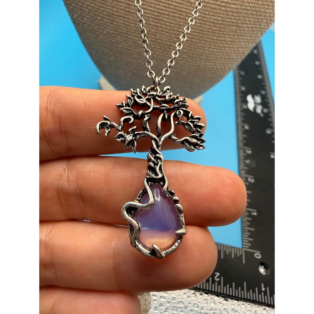 Tree of Life Opalite Pendant Necklace Silver Tone Gothic Boho Mystical Jewelry